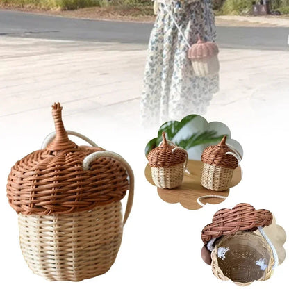 Handwoven Acorn Rattan Bag - Tropical Beach Style Bucket Shoulder Bag