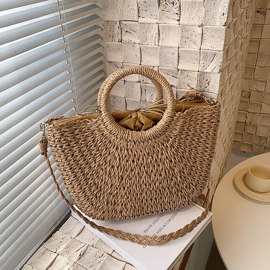 Handmade Straw Woven Tote: Summer Beach Bucket Bag for Travel