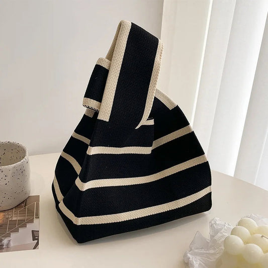 Women’s Handmade Knitted Small Handbag – Casual Stripe Mini Tote & Wrist Bag