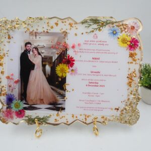 Resin Wedding Frame 9x12 Inch with Golden Stand | Customizable Resin Card | Photo Display Decoration