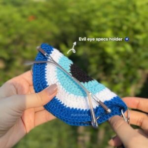 Handmade Evil Eye Blue Crochet Specs Cover – Soft Eyeglass Case, Boho Protective Pouch
